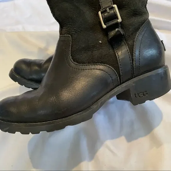 UGG Black Leather & Suede Calf Height Moto Lug Boots Sherpa Lined Womens 6.5 - Picture 6 of 11